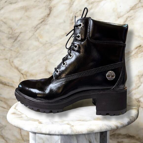 Timberland Boots Womens Black Patent Leather Lace Up Ankle Lug Sole Size 8 - Picture 1 of 10